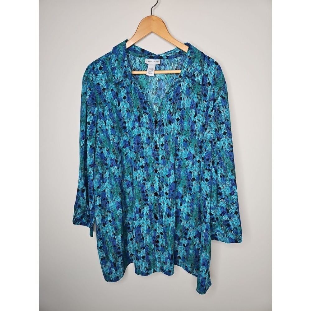 Catherine's Blouse 2X Button Up Green Blue Geometric Aztec Print Roll Tab Flowy